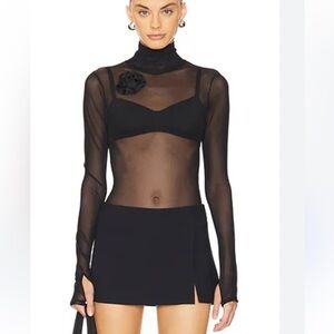 Superdown Mayra Bodysuit black mesh rosette top sheer Revolve NWT S